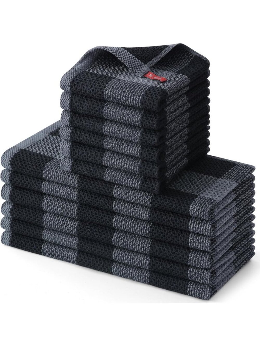 100% Cotton Kitchen Towels & Dishcloths Set of 12 - Black & Grey, Absorbent